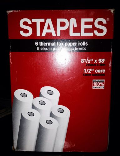 STAPLES 6 THERMAL FAX PAPER ROLLS 8 1/2&#034; x 98&#039; 269571-US NEW