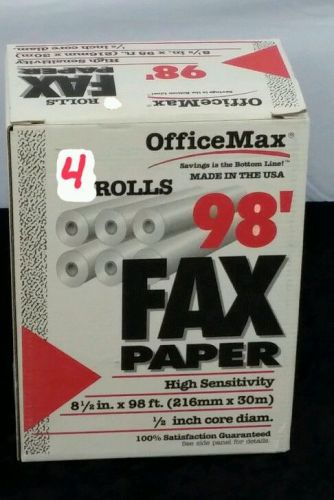 FAX PAPER - 4 Rolls 98 FT - Office Max - 8.5&#034;x 98&#039; - 1/2&#034; Core Diam NEW -USA