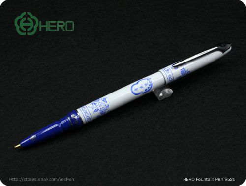 HERO 9626 Fountain Pen Blue &amp; White Porcelain Design Hooded Nib E-Fine Lady Pens