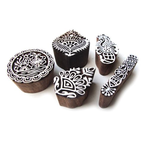 Floral pattern hand carved wooden block printing design tags (set of 5) for sale