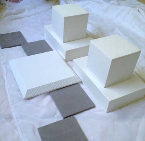 FIVE White Leather Professional Displays: TWO Cubes, TWO Raisers, ONE Square NEW