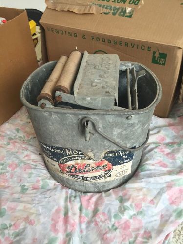 Vintage DELUXE Galvanized Metal Mop Bucket w/ Wood Wringer Antique