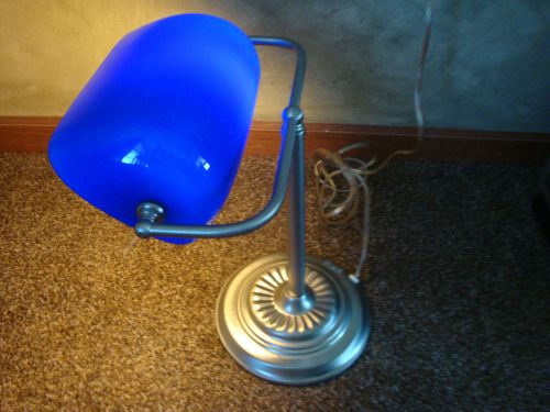Classic Library Bankers desk light Lamp Chrome Base RARE Blue Glass Shade piano