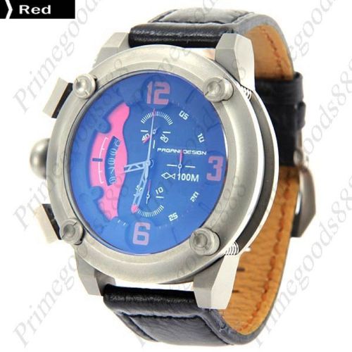 High end silver case leather quartz sub dials date men&#039;s wrist wristwatch red for sale