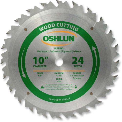 Oshlun SBW-100024 10-Inch 24 Tooth ATB Ripping Saw Blade with 5/8-Inch Arbor
