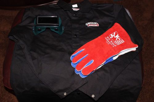 Lincoln electric traditional fr cloth welding jacket + gloves &amp; goggles for sale