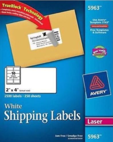 NEW Avery 5963 White Shipping Labels for Laser Printers, 2&#034; x 4&#034;, Box of 2500