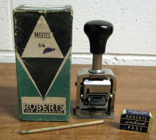 Vintage Roberts Numbering Machine Model 64 in Box w/ Stick &amp; Emply Ink Pad Box
