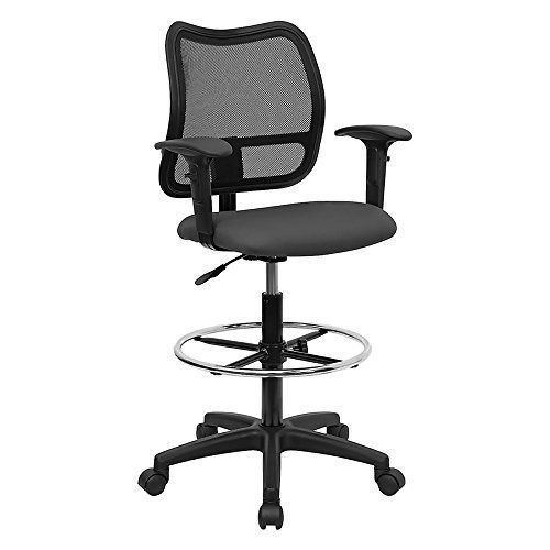 Offex Mid-Back Mesh Drafting Stool with Fabric Seat and Arms Gray Computer Chair