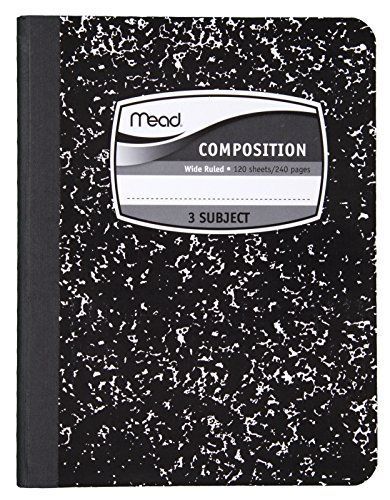 Mead Composition Notebook, 3 Subject, Black Marble, 9.75 x 7.5 Inches (09946)