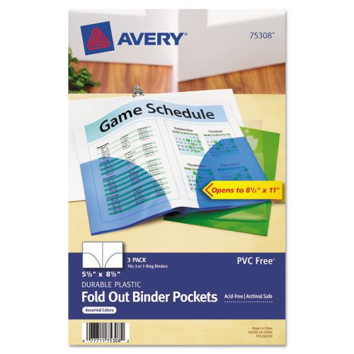 Avery Fold-Out Binder Pockets, 5-1/2 x 8-1/2, Assorted, 3/Pack