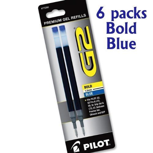 Value Pack of 6, Pilot G2 Roller Ball ink refills, Bold, Blue, 6 packs = 12