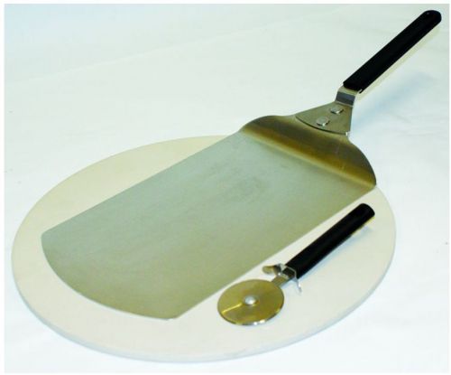 37cm dia x 8mm ceramic pizza stone set w cutter, spatula for sale