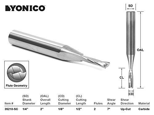 Yonico 35210-SC CNC Router Bit Low Helix Up Cut with 1/4&#034; Shank, 1/8&#034; x 1/2&#034; x