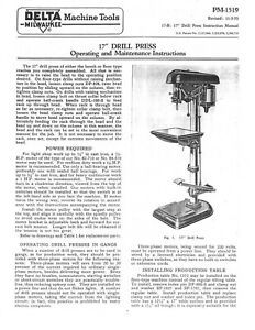 Delta Milwaukee 17&#034; Drill Press Operating &amp; Maintenance &amp; Parts Manual PM 1519