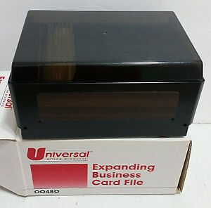 New Woodgrain UNIVERSAL Expanding Business Card File 00480 w/ Tabs Vtg NOS Metal