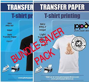 PPD Inkjet Iron-On Bundle of T Shirt Transfer Paper 11x17&#034; Light x 20 Sheets + D