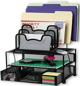 SimpleHouseware Mesh Desk Organizer with Sliding Drawer, Double Tray and 5