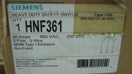 NIB SIEMENS HD SAFETY SWITCH 30 AMP 600 VOLT 3P 3W NEMA 1 N/F #HNF361