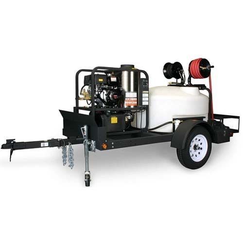 Hot water pressure washer &amp; trailer - gas - 3500 psi - 3.5 gpm - 12v dc - belt for sale