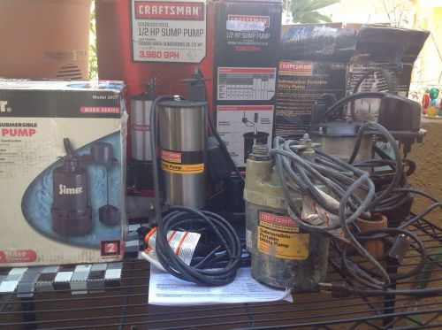 Lot of 4 name brand submersible utility sump pumps two craftsman and two simer for sale