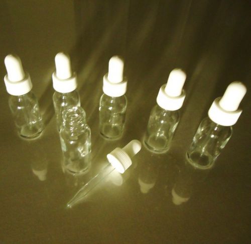 6 Clear Glass Boston Round Bottles with White Bulb Glass Droppers, 15 ml