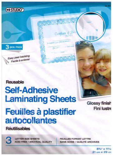 Self-adhesive laminating sheets Reusable Glossy Finish 8 3/4 x 11 1/2 New 3pcs