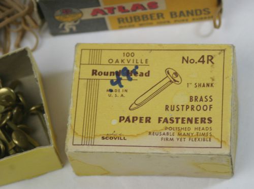 VINTAGE BOX OF ATLAS RUBBER BANDS &amp; SCOVILL PAPER  FASTENERS