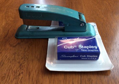 Vintage swingline cub stapler teal green mid century office + staples desktop for sale