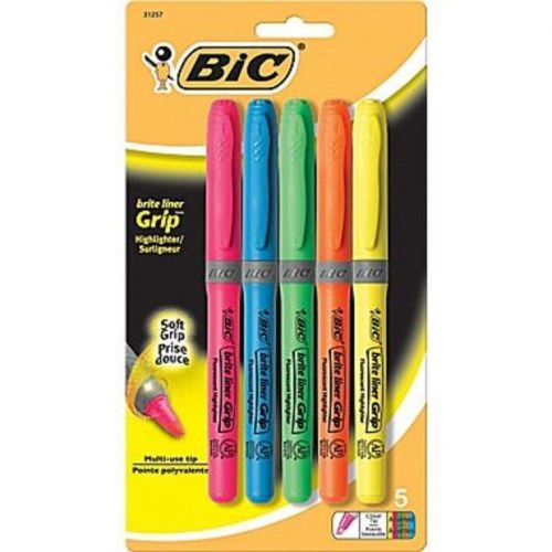 BIC Brite Liner Grip Highlighters, Assorted colors, 5/Pack Chisel tip #31257 NEW
