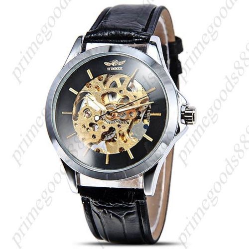 Pu leather gold  see through auto automatic mechanical men&#039;s wristwatch black for sale
