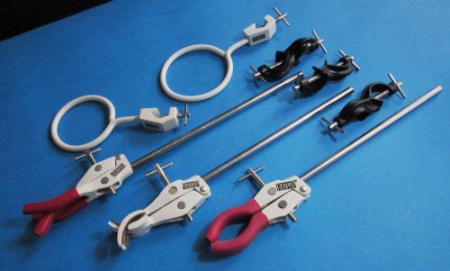 Retort/three prong/ four prong clamp w/3 boss head &amp; 2 flask holder a1clamp lab for sale