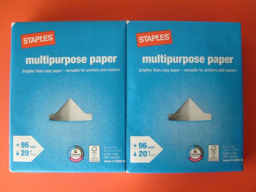 Two 500 X 2 Reams Staples 8.5&#034; x 11 Multipurpose Copy Printing Paper 1000 NOT HP