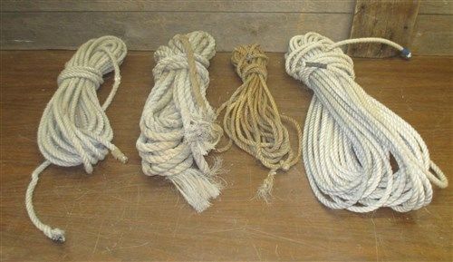 Lot 4 bundles assorted diameter hemp rope used pulley hay carrier barn tie down for sale