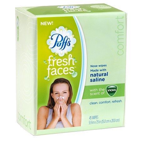 45 Count Puffs Fresh Faces Nose Moist Saline Wipes Vicks Scent Natural Saline