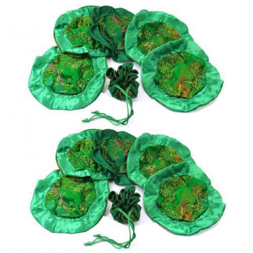 12 Green Brocade Chinese Jewelry Drawstring Bags 8&#034;