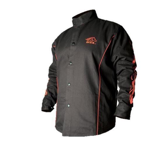 Bsx flame-resistant welding jacket - black with red flames, size 2x-large for sale