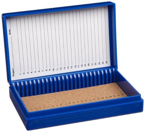 Heathrow scientific hd15989a blue cork lined 25 place microscope slide box, 5.5&#034; for sale