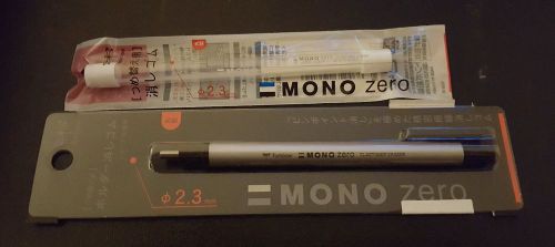 New Tombow Mono Zero Circular Shape Elastomer Eraser Pen +2 Refills, Silver Body