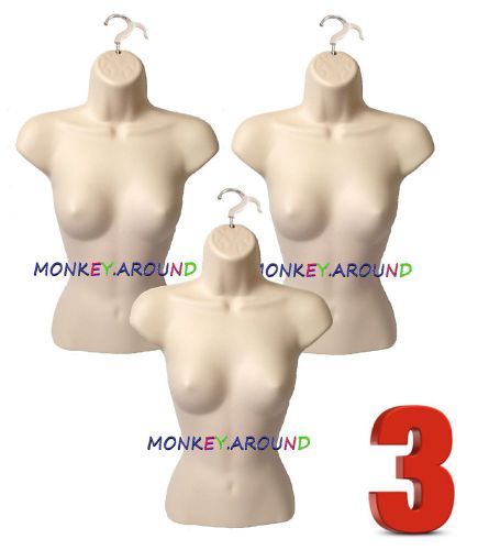 3 Female Mannequin Flesh Torso Body Form Display Women CLOTHING w/Hook Hanging
