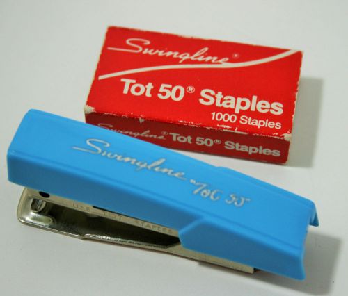 Vintage 1960s Mini Blue Swingline Tot 50 Metal Stapler With Some Staples