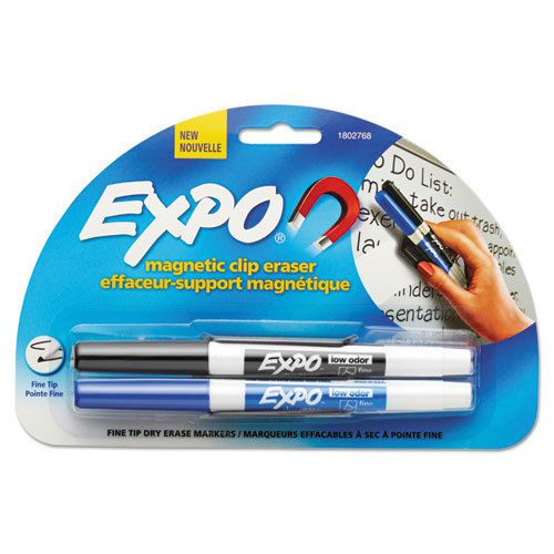 Magnetic Clip Eraser w/2 Markers, Fine, Black/Blue, 1 Set