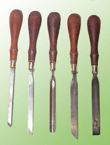 VINTAGE CARVING / LAYTHE TURNING CHISELS SET OF 5 W/ CHERRY HANDLES CLEAN