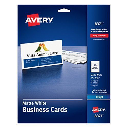 Avery Business Cards for Inkjet Printers, Matte, White, Pack of 250 8371 10 2&#034; x