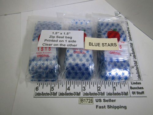 3 BAGS 100 2M 1 1/2&#034;X1 1/2&#034; PLASTIC ZIP SEAL BLUE STARS DESIGN BLUE CLEAR B1728