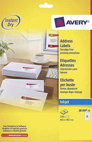 Avery J8160-10 A4 Sheet Address Labels for Inkjet Printers - White, 10 Sheets