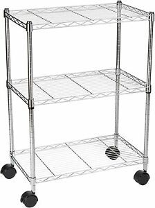 Metal 3-Shelf Heavy Duty Shelving Storage Unit on 2&#034; Wheel Casters, Chrome