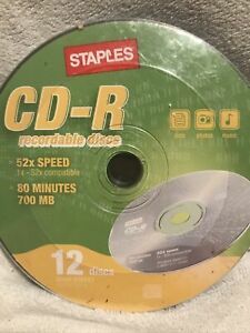 Staples CD-R 700 mb  80 minutes 52x speed 12 pack FACTORY SEALED