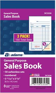 Adams General Purpose Sales Book, 2-Part, Carbonless, White/Canary, 3-11/32 x 5-
