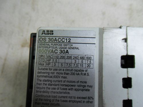 (g1-7) 1 abb os 30acc12 disconnect switch fusible 30amp 3pole for sale